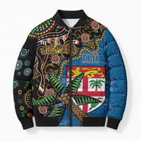 Fijian and Australian Culture Together Bomber Puffer Jacket Aboriginal Art and Tapa Motifs with Kangaroo and Palm Tree LT03 Unisex Black - Polynesian Pride