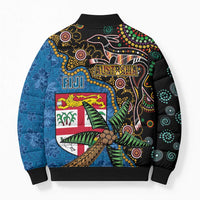 Fijian and Australian Culture Together Bomber Puffer Jacket Aboriginal Art and Tapa Motifs with Kangaroo and Palm Tree LT03 - Polynesian Pride