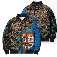 Fijian and Australian Culture Together Bomber Puffer Jacket Aboriginal Art and Tapa Motifs with Kangaroo and Palm Tree LT03 - Polynesian Pride