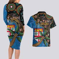 Fijian and Australian Culture Together Couples Matching Long Sleeve Bodycon Dress and Hawaiian Shirt Aboriginal Art and Tapa Motifs with Kangaroo and Palm Tree LT03 - Polynesian Pride