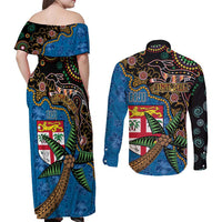 Fijian and Australian Culture Together Couples Matching Off Shoulder Maxi Dress and Long Sleeve Button Shirt Aboriginal Art and Tapa Motifs with Kangaroo and Palm Tree LT03 - Polynesian Pride