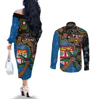 Fijian and Australian Culture Together Couples Matching Off The Shoulder Long Sleeve Dress and Long Sleeve Button Shirt Aboriginal Art and Tapa Motifs with Kangaroo and Palm Tree LT03 - Polynesian Pride
