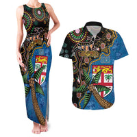 Fijian and Australian Culture Together Couples Matching Tank Maxi Dress and Hawaiian Shirt Aboriginal Art and Tapa Motifs with Kangaroo and Palm Tree LT03 Black - Polynesian Pride