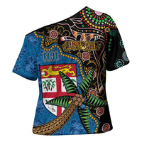 Fijian and Australian Culture Together Cross Shoulder Shirt Aboriginal Art and Tapa Motifs with Kangaroo and Palm Tree LT03 - Polynesian Pride
