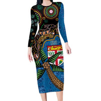 Fijian and Australian Culture Together Family Matching Long Sleeve Bodycon Dress and Hawaiian Shirt Aboriginal Art and Tapa Motifs with Kangaroo and Palm Tree LT03 Mom's Dress Black - Polynesian Pride