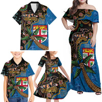 Fijian and Australian Culture Together Family Matching Off Shoulder Maxi Dress and Hawaiian Shirt Aboriginal Art and Tapa Motifs with Kangaroo and Palm Tree LT03 - Polynesian Pride