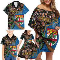 Fijian and Australian Culture Together Family Matching Off Shoulder Short Dress and Hawaiian Shirt Aboriginal Art and Tapa Motifs with Kangaroo and Palm Tree LT03 - Polynesian Pride