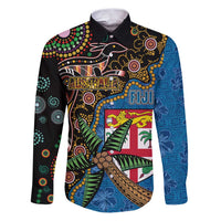 Fijian and Australian Culture Together Family Matching Puletasi and Hawaiian Shirt Aboriginal Art and Tapa Motifs with Kangaroo and Palm Tree LT03 Dad's Shirt - Long Sleeve Black - Polynesian Pride