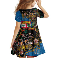 Fijian and Australian Culture Together Family Matching Short Sleeve Bodycon Dress and Hawaiian Shirt Aboriginal Art and Tapa Motifs with Kangaroo and Palm Tree LT03 - Polynesian Pride