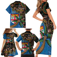 Fijian and Australian Culture Together Family Matching Short Sleeve Bodycon Dress and Hawaiian Shirt Aboriginal Art and Tapa Motifs with Kangaroo and Palm Tree LT03 - Polynesian Pride