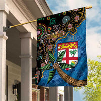 Fijian and Australian Culture Together Garden Flag Aboriginal Art and Tapa Motifs with Kangaroo and Palm Tree LT03 House Flag Black - Polynesian Pride
