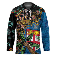 Fijian and Australian Culture Together Hockey Jersey Aboriginal Art and Tapa Motifs with Kangaroo and Palm Tree LT03 Unisex Black - Polynesian Pride