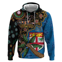 Fijian and Australian Culture Together Hoodie Aboriginal Art and Tapa Motifs with Kangaroo and Palm Tree LT03 Pullover Hoodie Black - Polynesian Pride