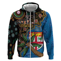 Fijian and Australian Culture Together Hoodie Aboriginal Art and Tapa Motifs with Kangaroo and Palm Tree LT03 Zip Hoodie Black - Polynesian Pride