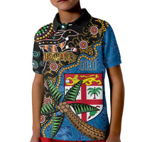 Fijian and Australian Culture Together Kid Polo Shirt Aboriginal Art and Tapa Motifs with Kangaroo and Palm Tree LT03 Kid Black - Polynesian Pride