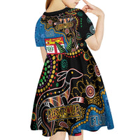 Fijian and Australian Culture Together Kid Short Sleeve Dress Aboriginal Art and Tapa Motifs with Kangaroo and Palm Tree LT03 - Polynesian Pride