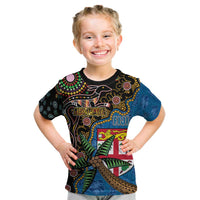 Fijian and Australian Culture Together Kid T Shirt Aboriginal Art and Tapa Motifs with Kangaroo and Palm Tree LT03 Black - Polynesian Pride