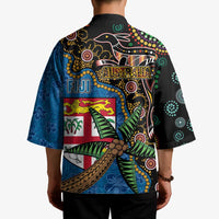 Fijian and Australian Culture Together Kimono Aboriginal Art and Tapa Motifs with Kangaroo and Palm Tree LT03 - Polynesian Pride
