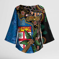 Fijian and Australian Culture Together Kimono Sleeve Blouse Aboriginal Art and Tapa Motifs with Kangaroo and Palm Tree LT03 - Polynesian Pride