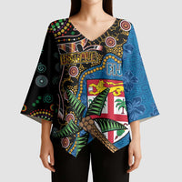 Fijian and Australian Culture Together Kimono Sleeve Blouse Aboriginal Art and Tapa Motifs with Kangaroo and Palm Tree LT03 - Polynesian Pride