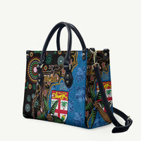 Fijian and Australian Culture Together Leather Bag Aboriginal Art and Tapa Motifs with Kangaroo and Palm Tree LT03 Black - Polynesian Pride