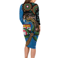 Fijian and Australian Culture Together Long Sleeve Bodycon Dress Aboriginal Art and Tapa Motifs with Kangaroo and Palm Tree LT03 - Polynesian Pride