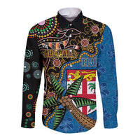 Fijian and Australian Culture Together Long Sleeve Button Shirt Aboriginal Art and Tapa Motifs with Kangaroo and Palm Tree LT03 Unisex Black - Polynesian Pride