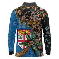 Fijian and Australian Culture Together Long Sleeve Polo Shirt Aboriginal Art and Tapa Motifs with Kangaroo and Palm Tree LT03 - Polynesian Pride