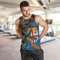 Fijian and Australian Culture Together Men Tank Top Aboriginal Art and Tapa Motifs with Kangaroo and Palm Tree LT03 Black - Polynesian Pride