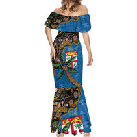 Fijian and Australian Culture Together Mermaid Dress Aboriginal Art and Tapa Motifs with Kangaroo and Palm Tree LT03 - Polynesian Pride