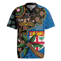 Fijian and Australian Culture Together Rugby Jersey Aboriginal Art and Tapa Motifs with Kangaroo and Palm Tree LT03 Black - Polynesian Pride