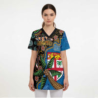 Fijian and Australian Culture Together Scrub Top Aboriginal Art and Tapa Motifs with Kangaroo and Palm Tree LT03 - Polynesian Pride
