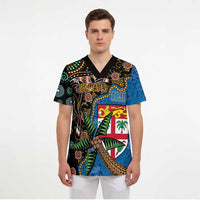 Fijian and Australian Culture Together Scrub Top Aboriginal Art and Tapa Motifs with Kangaroo and Palm Tree LT03 - Polynesian Pride