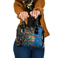 Fijian and Australian Culture Together Shoulder Handbag Aboriginal Art and Tapa Motifs with Kangaroo and Palm Tree LT03 One Size Black - Polynesian Pride