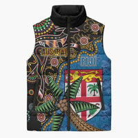 Fijian and Australian Culture Together Sleeveless Puffer Jacket Aboriginal Art and Tapa Motifs with Kangaroo and Palm Tree LT03 Unisex Black - Polynesian Pride