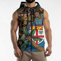 Fijian and Australian Culture Together Sleeveless Zip Hoodie Aboriginal Art and Tapa Motifs with Kangaroo and Palm Tree LT03 - Polynesian Pride