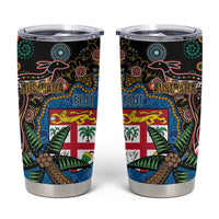 Fijian and Australian Culture Together Tumbler Cup Aboriginal Art and Tapa Motifs with Kangaroo and Palm Tree LT03 Black - Polynesian Pride