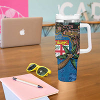 Fijian and Australian Culture Together Tumbler With Handle Aboriginal Art and Tapa Motifs with Kangaroo and Palm Tree LT03 - Polynesian Pride