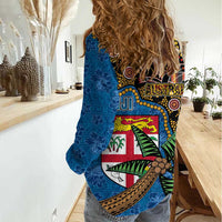 Fijian and Australian Culture Together Women Casual Shirt Aboriginal Art and Tapa Motifs with Kangaroo and Palm Tree LT03 - Polynesian Pride