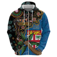Fijian and Australian Culture Together Zip Hoodie Aboriginal Art and Tapa Motifs with Kangaroo and Palm Tree LT03 - Polynesian Pride