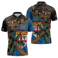Fijian and Australian Culture Together Zipper Polo Shirt Aboriginal Art and Tapa Motifs with Kangaroo and Palm Tree LT03 - Polynesian Pride