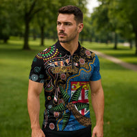 Fijian and Australian Culture Together Zipper Polo Shirt Aboriginal Art and Tapa Motifs with Kangaroo and Palm Tree LT03 - Polynesian Pride