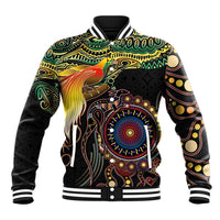 Papua New Guinea and Australia Together Baseball Jacket Bird of Paradise and Kangaroo Melanesian Aboriginal Motifs LT03 Unisex Black - Polynesian Pride