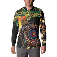 Papua New Guinea and Australia Together Button Sweatshirt Bird of Paradise and Kangaroo Melanesian Aboriginal Motifs - Polynesian Pride
