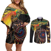 Papua New Guinea and Australia Together Couples Matching Off Shoulder Short Dress and Long Sleeve Button Shirt Bird of Paradise and Kangaroo Melanesian Aboriginal Motifs - Polynesian Pride