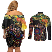 Papua New Guinea and Australia Together Couples Matching Off Shoulder Short Dress and Long Sleeve Button Shirt Bird of Paradise and Kangaroo Melanesian Aboriginal Motifs - Polynesian Pride