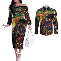 Papua New Guinea and Australia Together Couples Matching Off The Shoulder Long Sleeve Dress and Long Sleeve Button Shirt Bird of Paradise and Kangaroo Melanesian Aboriginal Motifs - Polynesian Pride