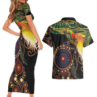 Papua New Guinea and Australia Together Couples Matching Short Sleeve Bodycon Dress and Hawaiian Shirt Bird of Paradise and Kangaroo Melanesian Aboriginal Motifs - Polynesian Pride
