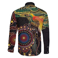 Papua New Guinea and Australia Together Family Matching Off The Shoulder Long Sleeve Dress and Hawaiian Shirt Bird of Paradise and Kangaroo Melanesian Aboriginal Motifs - Polynesian Pride