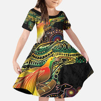 Papua New Guinea and Australia Together Family Matching Off Shoulder Maxi Dress and Hawaiian Shirt Bird of Paradise and Kangaroo Melanesian Aboriginal Motifs - Polynesian Pride